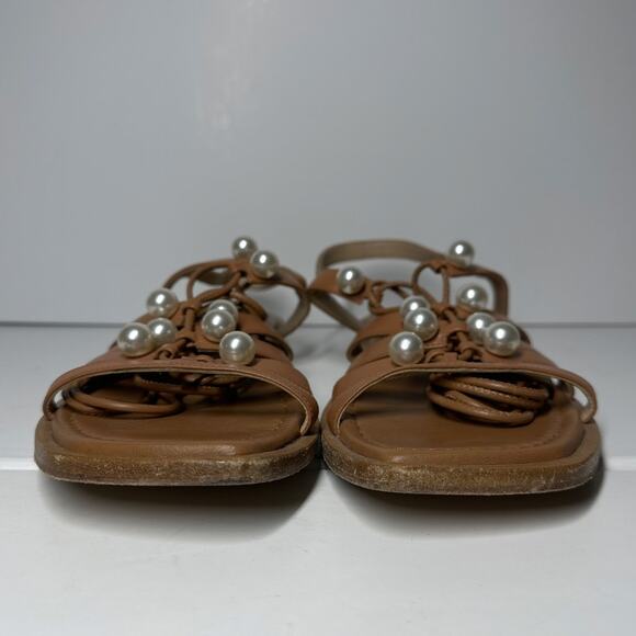 Stuart Weitzman Goldie Lace Up Pearly Leather Ankle-Tie Flat Sandals Tan Size 8 - Picture 6 of 13